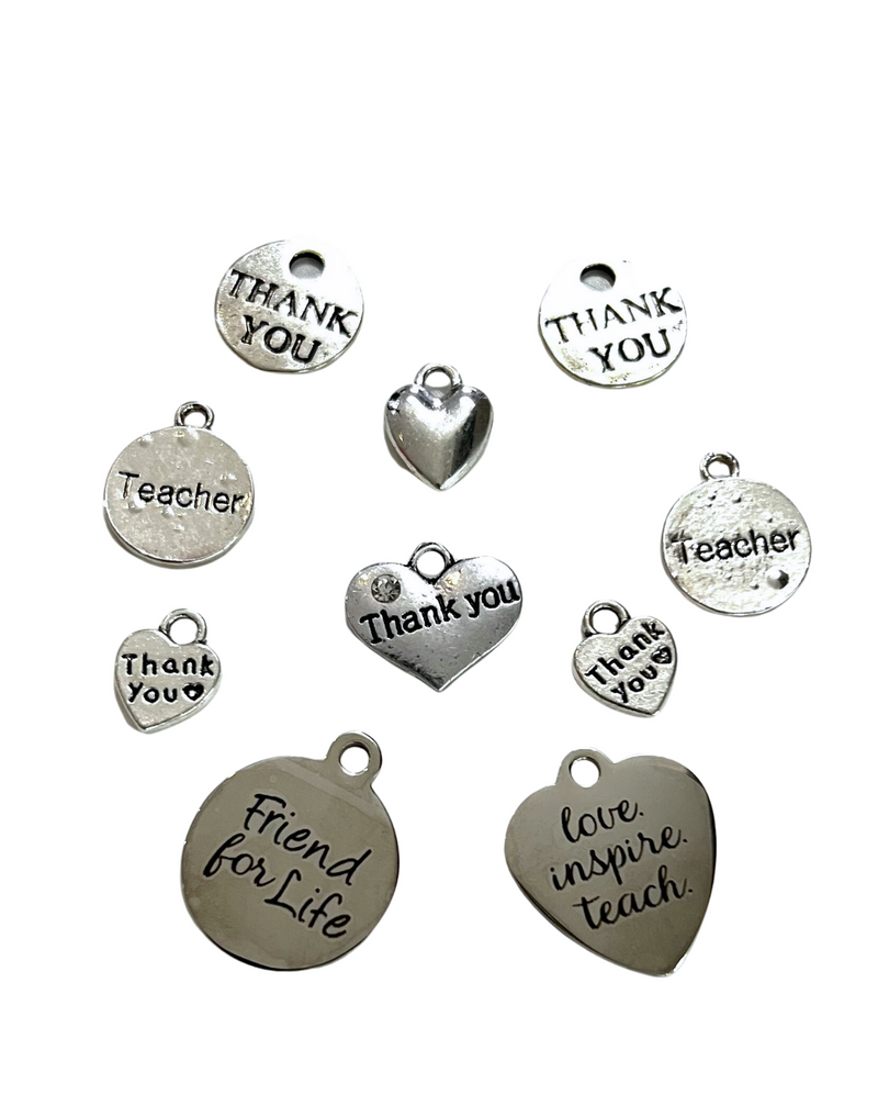 CLEARANCE, Charms - Assorted TEACHER/THANK-YOU - Silver (10 Pack)