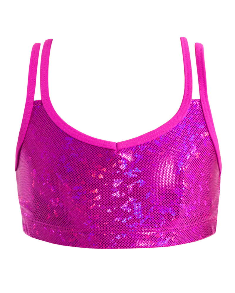 CLEARANCE, Energetiks 'Shattered Glass' Cross Back Crop Top, Girls, HOT PINK, GCC33